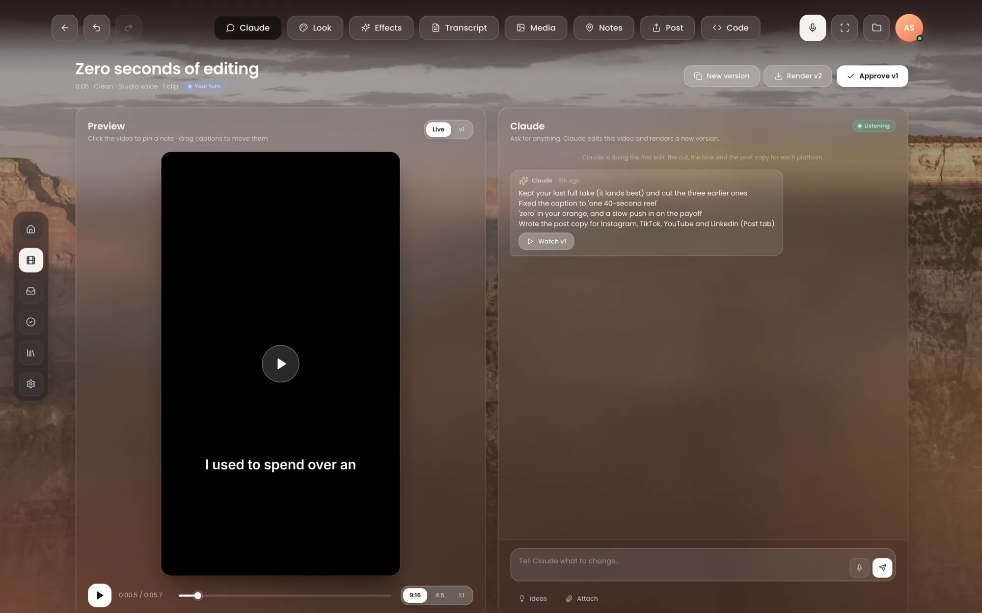 The FutureProof studio: the video in the preview, and Claude's notes on its first edit.